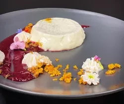 Vanilla Bean Panna Cotta with Blackberry Compote and Honeycomb Toffee